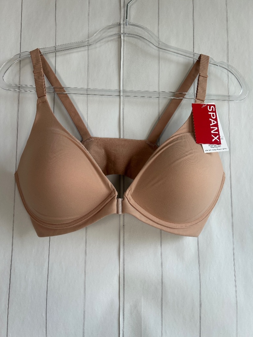 Spanx bra size 38C adjustable plunge wireless lift oatmeal tan front closure NEW